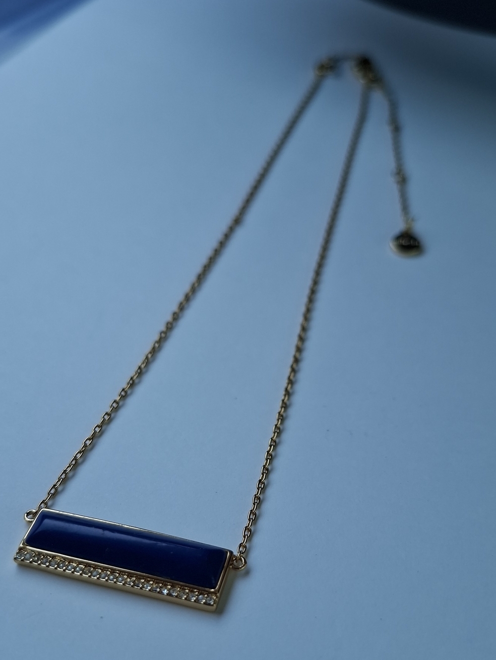 Stella & Dot Elements Cobalt Blue Bar Pendant Necklace Gold Rhinestone
